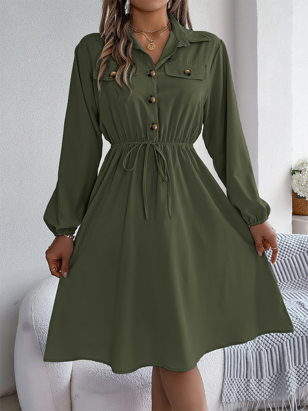 Shirt Dress- Solid Shirt Dress Knee Length with Bishop Sleeves- - IndioGear.com