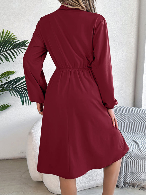 Shirt Dress- Solid Shirt Dress Knee Length with Bishop Sleeves- - IndioGear.com