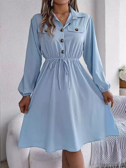 Shirt Dress- Solid Shirt Dress Knee Length with Bishop Sleeves- - IndioGear.com