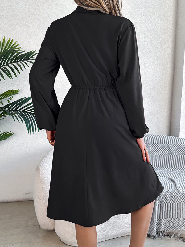 Shirt Dress- Solid Shirt Dress Knee Length with Bishop Sleeves- - IndioGear.com