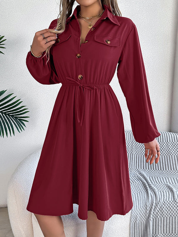 Shirt Dress- Solid Shirt Dress Knee Length with Bishop Sleeves- - IndioGear.com