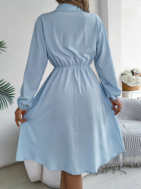 Shirt Dress- Solid Shirt Dress Knee Length with Bishop Sleeves- - IndioGear.com