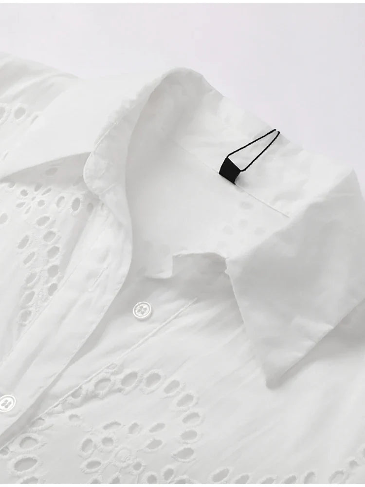 Shirt Dresses- Embroidered Cotton Eyelet Belted Shirt Dress- - IndioGear.com