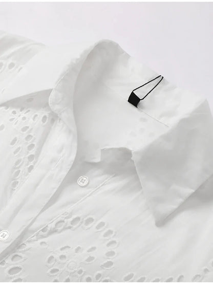 Shirt Dresses- Embroidered Cotton Eyelet Belted Shirt Dress- - IndioGear.com