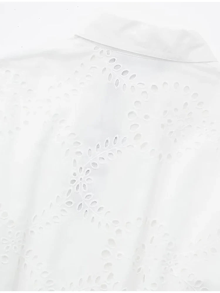 Shirt Dresses- Embroidered Cotton Eyelet Belted Shirt Dress- - IndioGear.com