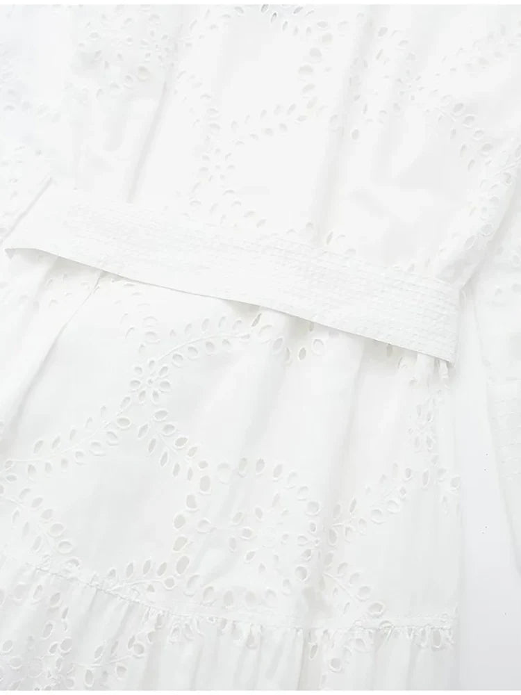 Shirt Dresses- Embroidered Cotton Eyelet Belted Shirt Dress- - IndioGear.com