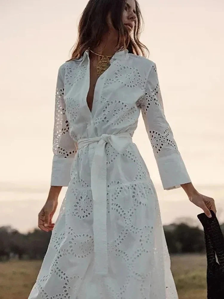 Shirt Dresses- Embroidered Cotton Eyelet Belted Shirt Dress- White- IndioGear.com