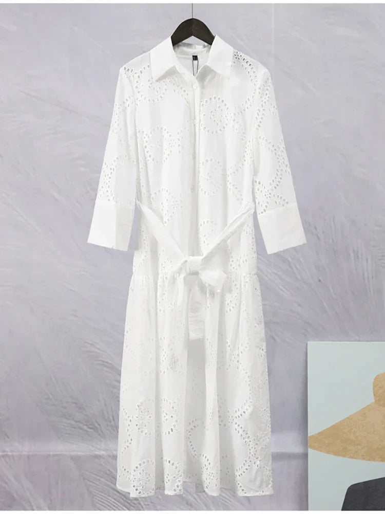 Shirt Dresses- Embroidered Cotton Eyelet Belted Shirt Dress- - IndioGear.com