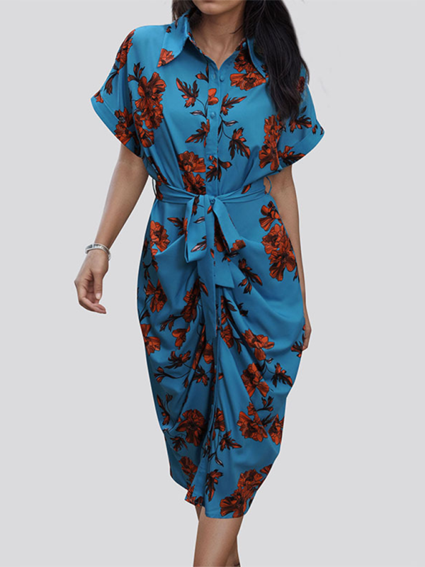 Shirt Dresses- Floral Women's Sheath Midi Dress with Short Sleeves and Belt- - IndioGear Fashion and Gear