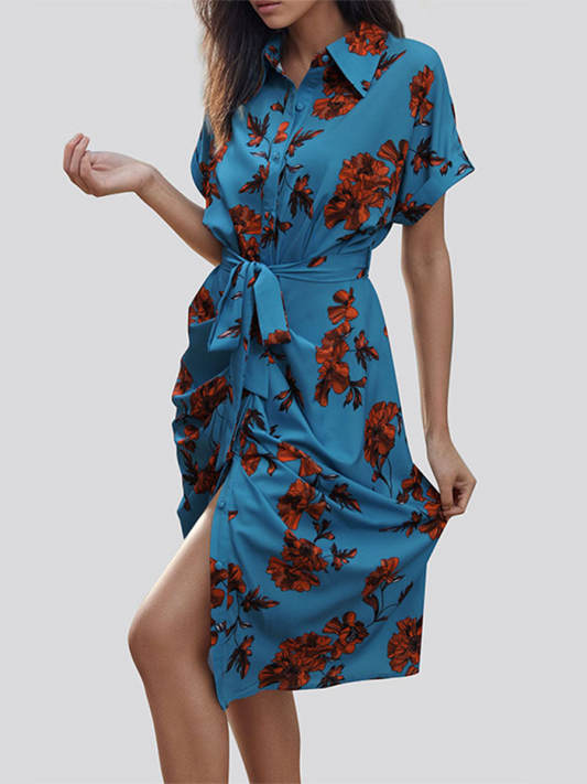 Shirt Dresses- Floral Women's Sheath Midi Dress with Short Sleeves and Belt- Blue- IndioGear Fashion and Gear