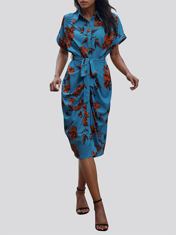 Shirt Dresses- Floral Women's Sheath Midi Dress with Short Sleeves and Belt- - IndioGear Fashion and Gear