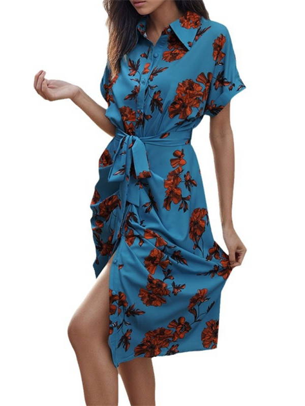 Shirt Dresses- Floral Women's Sheath Midi Dress with Short Sleeves and Belt- - IndioGear Fashion and Gear