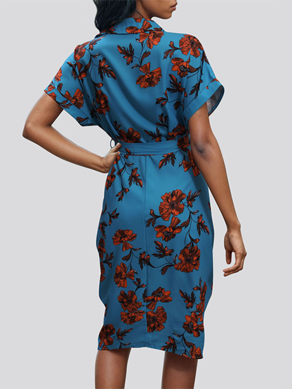 Shirt Dresses- Floral Women's Sheath Midi Dress with Short Sleeves and Belt- - IndioGear Fashion and Gear