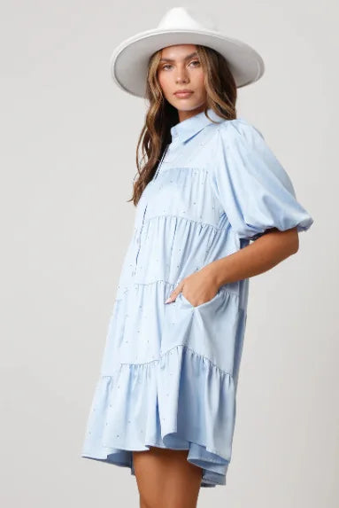 Princess Tiered A-Line Shirt Dress with Beaded Accents and Puff Sleeve