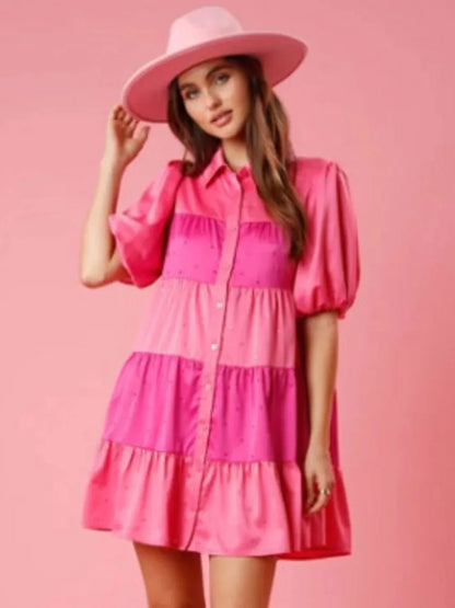 Princess Tiered A-Line Shirt Dress with Beaded Accents and Puff Sleeve