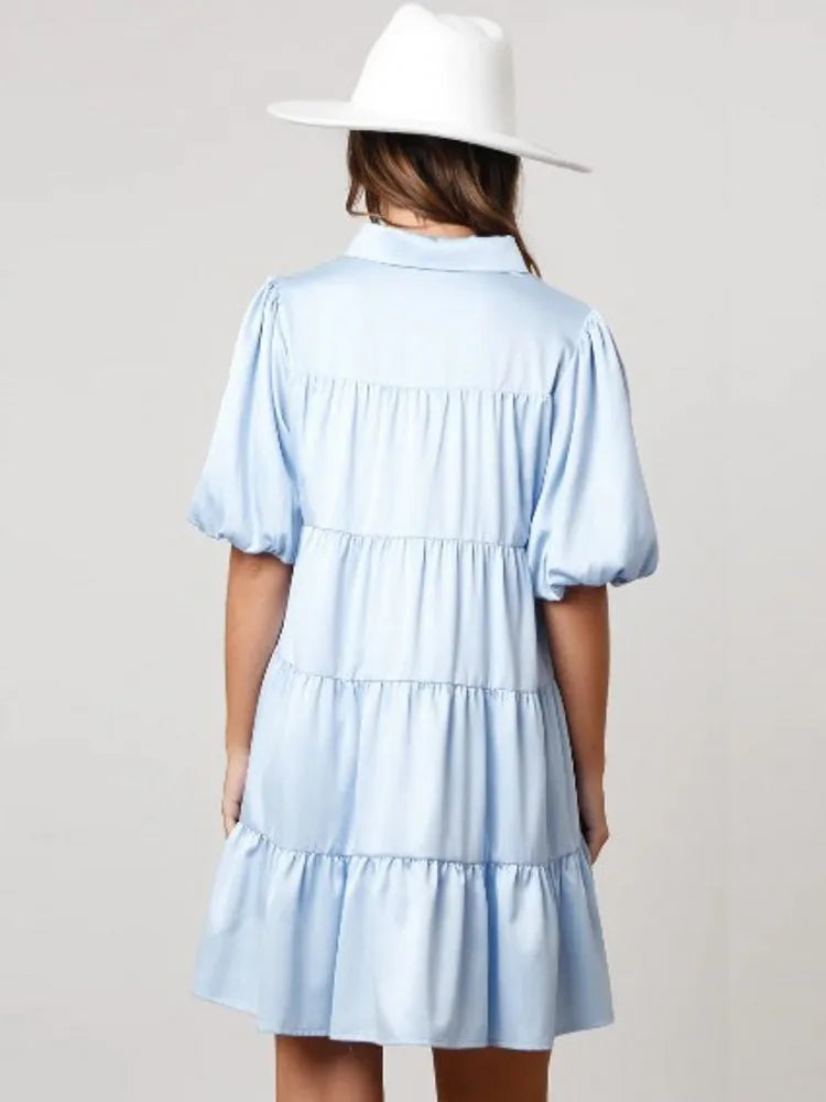 Princess Tiered A-Line Shirt Dress with Beaded Accents and Puff Sleeve