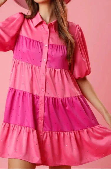 Princess Tiered A-Line Shirt Dress with Beaded Accents and Puff Sleeve