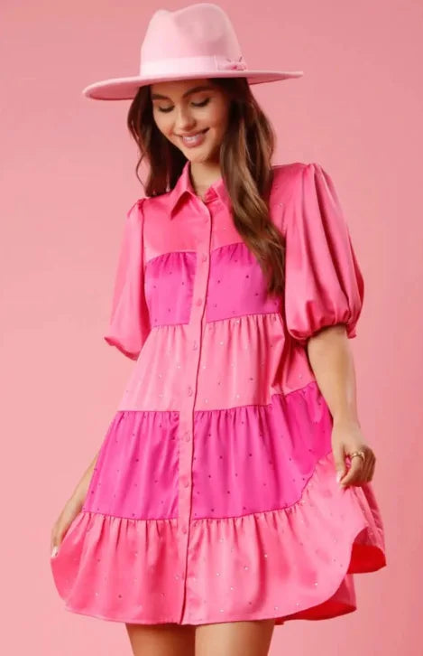 Princess Tiered A-Line Shirt Dress with Beaded Accents and Puff Sleeve