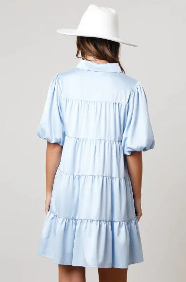 Princess Tiered A-Line Shirt Dress with Beaded Accents and Puff Sleeve