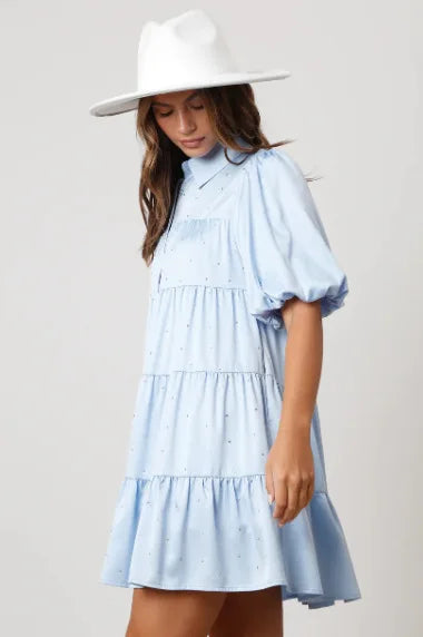 Princess Tiered A-Line Shirt Dress with Beaded Accents and Puff Sleeve