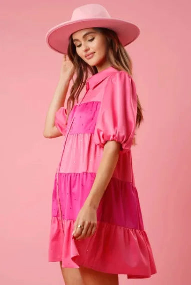 Princess Tiered A-Line Shirt Dress with Beaded Accents and Puff Sleeve