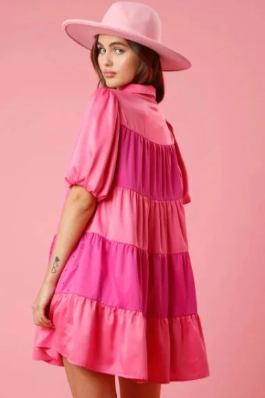 Princess Tiered A-Line Shirt Dress with Beaded Accents and Puff Sleeve