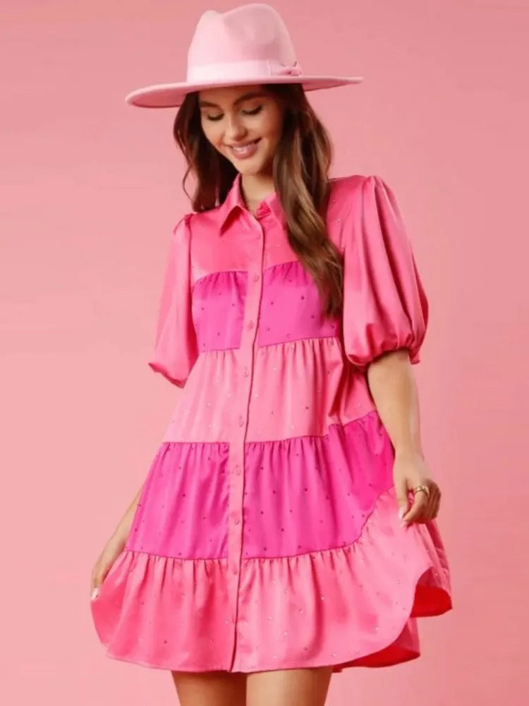 Princess Tiered A-Line Shirt Dress with Beaded Accents and Puff Sleeve