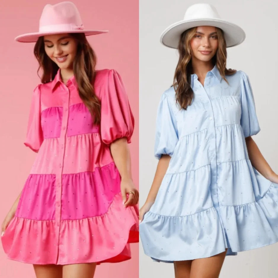 Princess Tiered A-Line Shirt Dress with Beaded Accents and Puff Sleeve