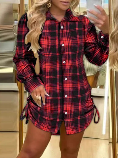 Shirt Dresses - Tailored Fit Drawstring Side Plaid Dress