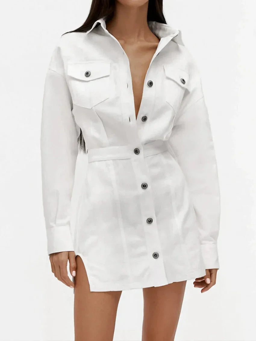 Shirt Dresses- Tailored White Cotton Shirt Dress for Women- - IndioGear.com