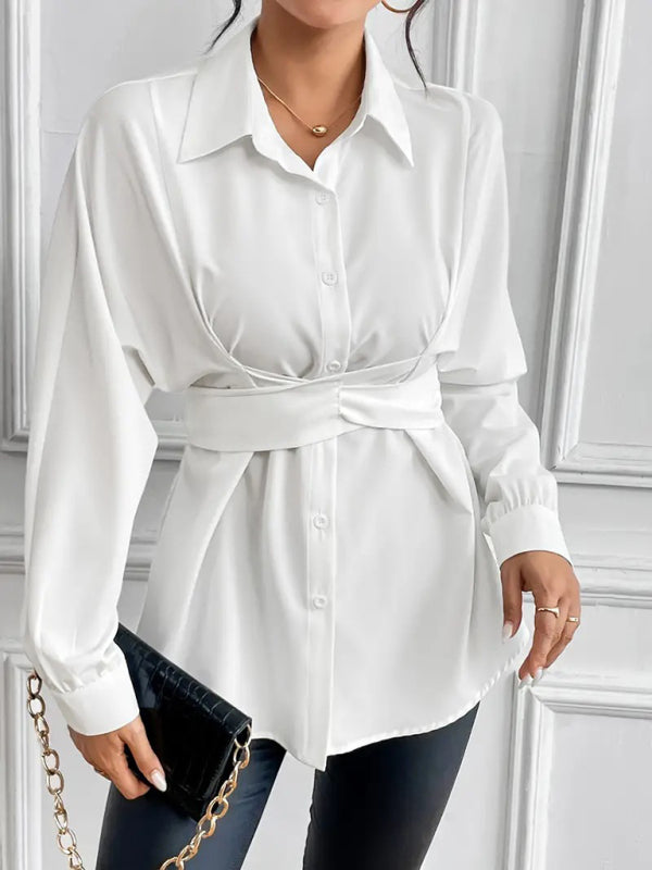 Shirts- Belted Peplum Business Shirt with Long Sleeves- - IndioGear Women Clothing