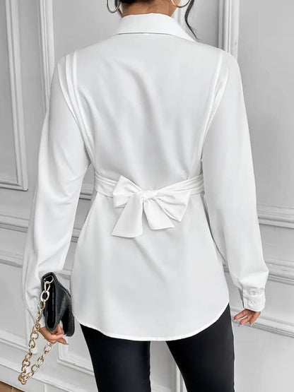 Shirts- Belted Peplum Business Shirt with Long Sleeves- - IndioGear Women Clothing