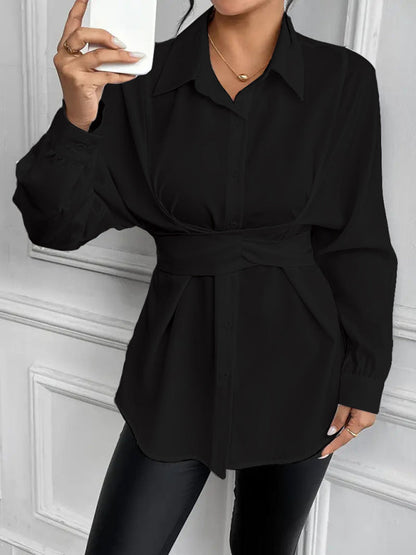 Shirts- Belted Peplum Business Shirt with Long Sleeves- Black- IndioGear Women Clothing