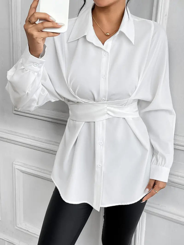 Shirts- Belted Peplum Business Shirt with Long Sleeves- White- IndioGear Women Clothing