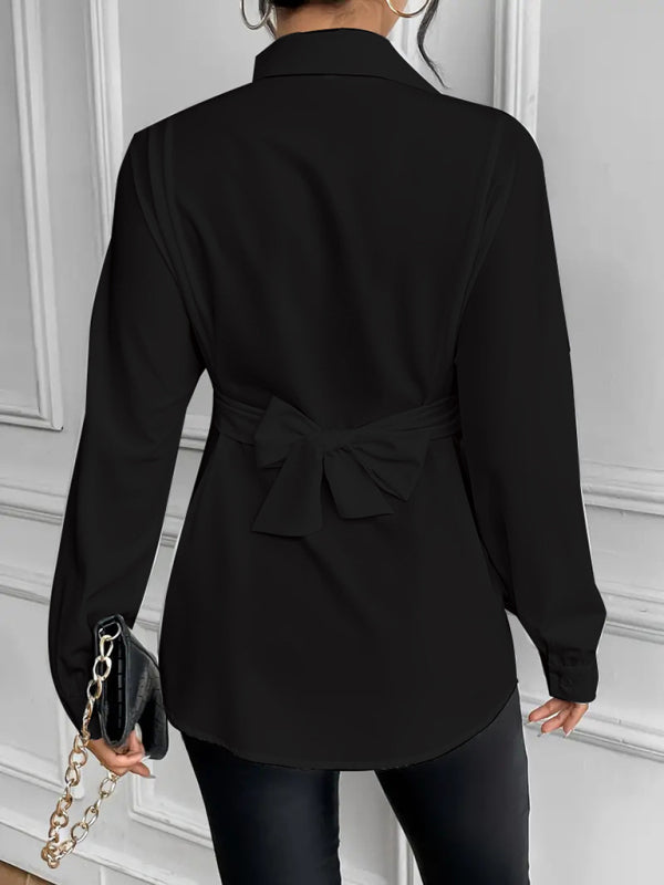 Shirts- Belted Peplum Business Shirt with Long Sleeves- - IndioGear Women Clothing