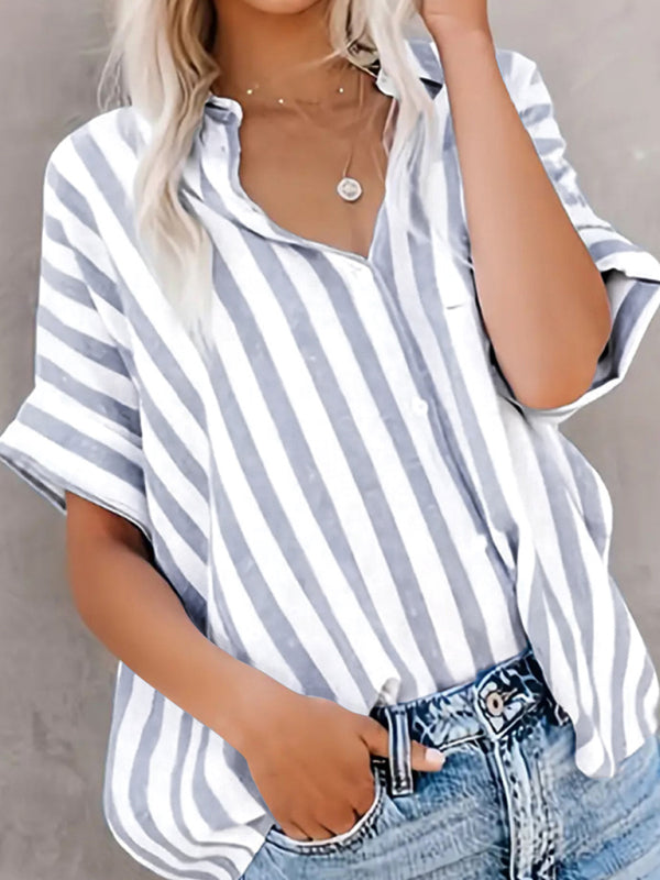 Shirts- Blue Stripe Summer Shirt- - IndioGear Women Clothing