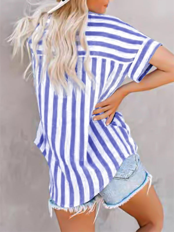 Shirts- Blue Stripe Summer Shirt- - IndioGear Women Clothing