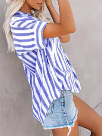 Shirts- Blue Stripe Summer Shirt- - IndioGear Women Clothing