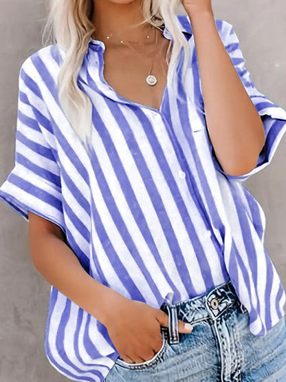 Shirts- Blue Stripe Summer Shirt- Denim Blue- IndioGear Women Clothing