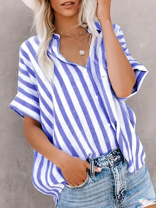 Shirts- Blue Stripe Summer Shirt- - IndioGear Women Clothing