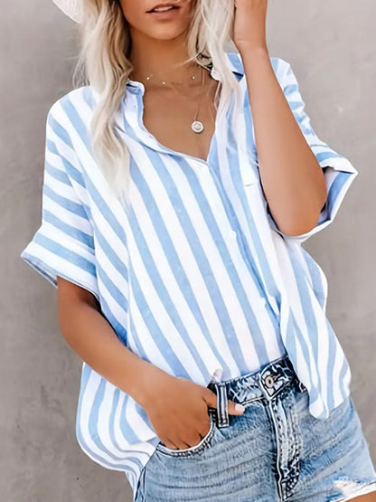 Shirts- Blue Stripe Summer Shirt- - IndioGear Women Clothing