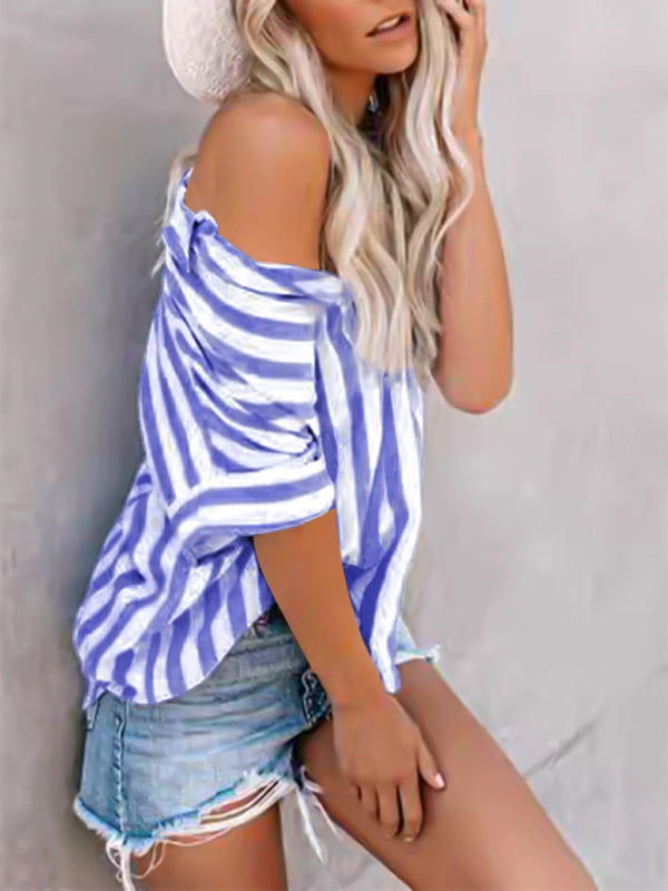 Shirts- Blue Stripe Summer Shirt- - IndioGear Women Clothing