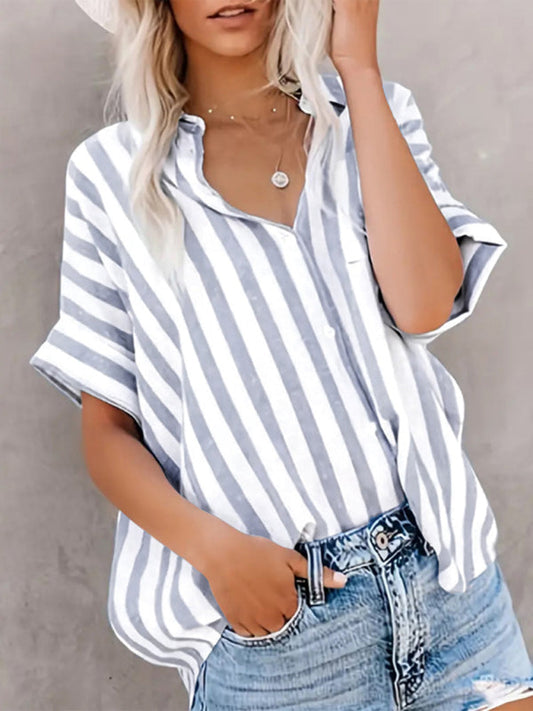 Shirts- Blue Stripe Summer Shirt- Misty grey- IndioGear Women Clothing