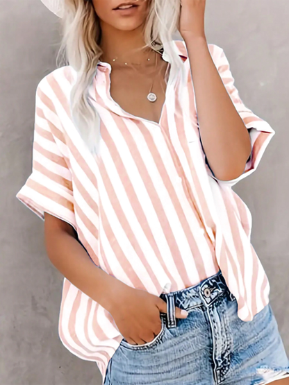 Shirts- Blue Stripe Summer Shirt- Pastel pink- IndioGear Women Clothing