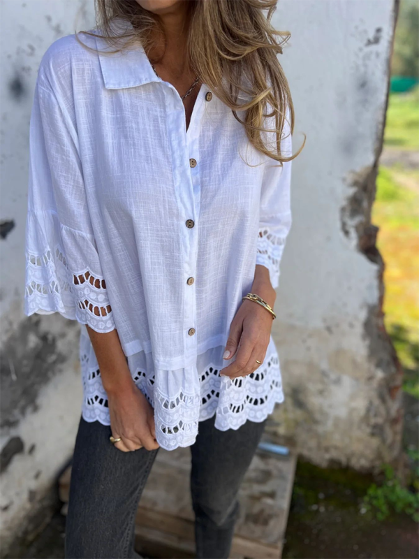 Shirts- Boho Lace Flared Sleeves Blouse Flowy Shirt- - IndioGear.com