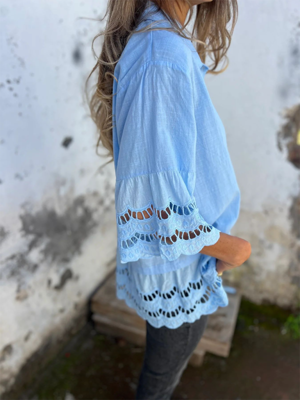 Shirts- Boho Lace Flared Sleeves Blouse Flowy Shirt- - IndioGear.com