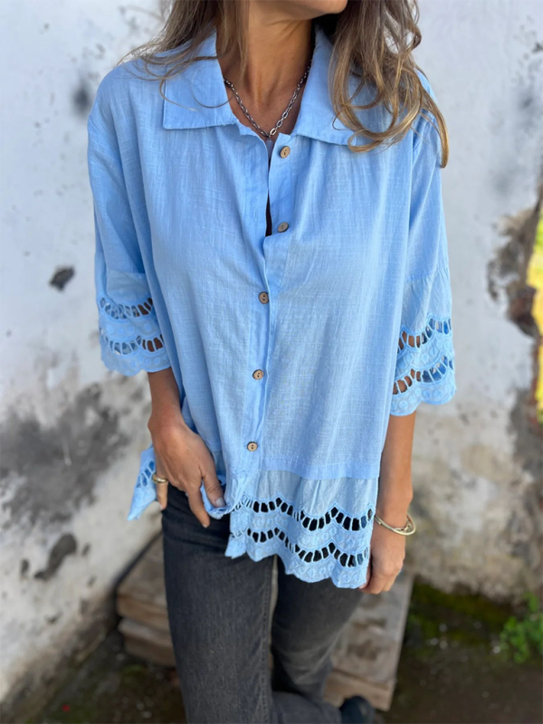 Shirts- Boho Lace Flared Sleeves Blouse Flowy Shirt- Sky blue azure- IndioGear.com