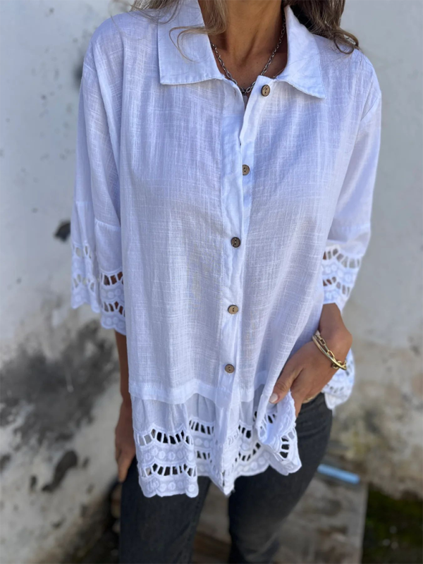 Shirts- Boho Lace Flared Sleeves Blouse Flowy Shirt- White- IndioGear.com