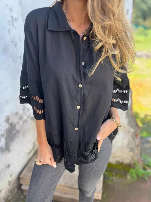 Shirts- Boho Lace Flared Sleeves Blouse Flowy Shirt- Black- IndioGear.com