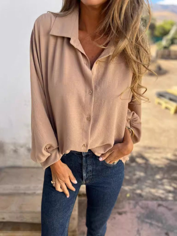 Shirts- Button-Cuff Long Sleeve Shirt- Khaki- IndioGear Women Clothing